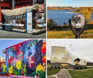 Collage of four attractions in York County, Pennsylvania, showing a covered wagon exhibit inside a museum, a coin-operated viewing scope overlooking a lake with fall foliage, a brightly colored bear mural on a brick building, and the iconic shoe-shaped house with lit windows and a front walkway.