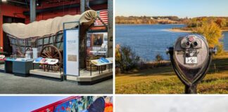 Collage of four attractions in York County, Pennsylvania, showing a covered wagon exhibit inside a museum, a coin-operated viewing scope overlooking a lake with fall foliage, a brightly colored bear mural on a brick building, and the iconic shoe-shaped house with lit windows and a front walkway.