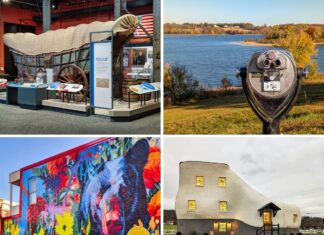 Collage of four attractions in York County, Pennsylvania, showing a covered wagon exhibit inside a museum, a coin-operated viewing scope overlooking a lake with fall foliage, a brightly colored bear mural on a brick building, and the iconic shoe-shaped house with lit windows and a front walkway.