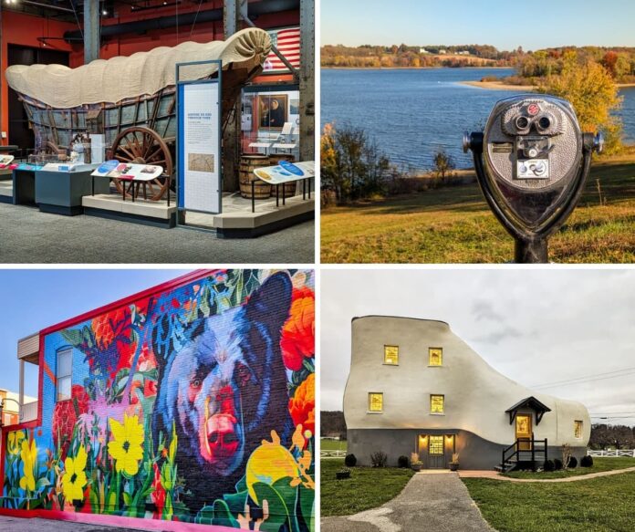 Must-See-Attractions-York-County-PA Collage of four attractions in York County, Pennsylvania, showing a covered wagon exhibit inside a museum, a coin-operated viewing scope overlooking a lake with fall foliage, a brightly colored bear mural on a brick building, and the iconic shoe-shaped house with lit windows and a front walkway.