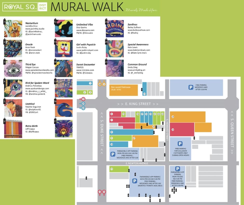 Illustrated map of Royal Square Mural Park in downtown York, Pennsylvania, showing the layout of streets, parking areas, and the locations of more than 30 colorful murals, with thumbnail images, mural titles, and artist names arranged within a one-block radius of the Royal Square district.
