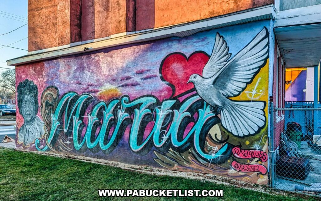 Long mural in Royal Square Mural Park in downtown York, Pennsylvania, featuring the name Maria painted in flowing script, accompanied by a white dove in flight, a red heart, and portrait-style imagery set against a richly textured, multicolored background on a brick wall.