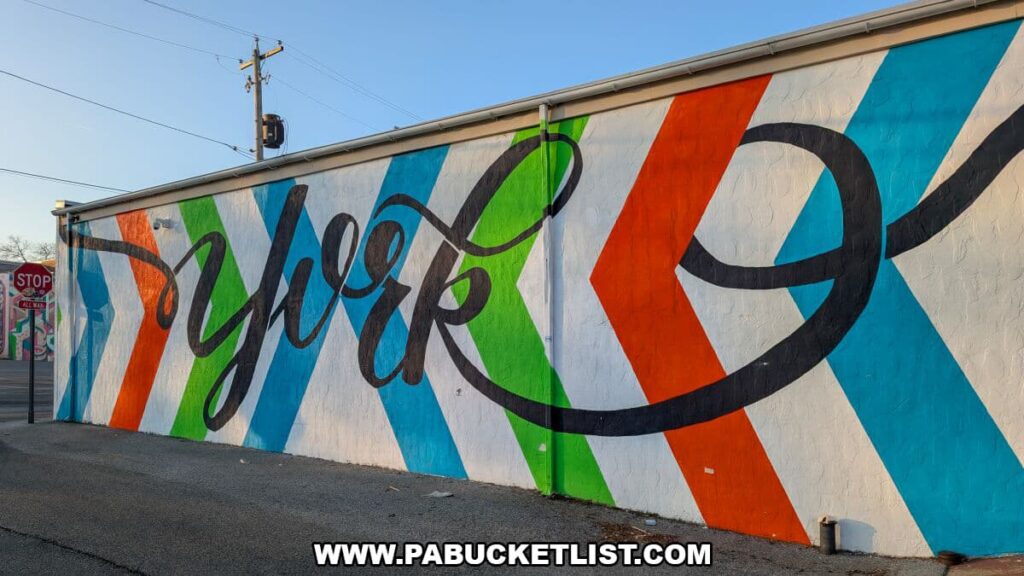 Long, colorful mural in Royal Square Mural Park in downtown York, Pennsylvania, featuring the word York written in flowing script across diagonal stripes of blue, green, orange, and white painted along a brick wall beside a city street.
