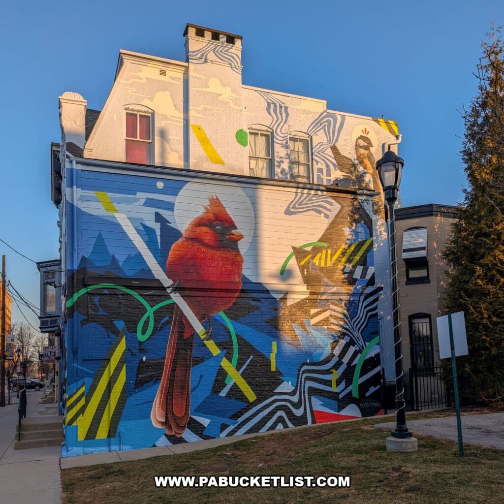 Large, colorful mural in Royal Square Mural Park in downtown York, Pennsylvania, depicting a vivid red cardinal perched against an abstract landscape of blue shapes, flowing black-and-white lines, and bright geometric accents painted across the side of a multi-story brick building.