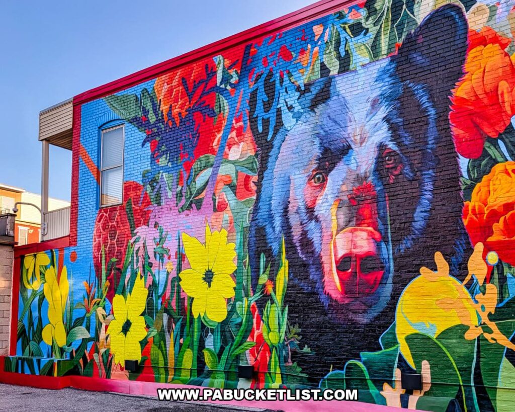 Large, vibrant mural in Royal Square Mural Park in downtown York, Pennsylvania, featuring a realistic black bear emerging from a dense collage of oversized flowers, leaves, and colorful foliage painted across a brick building wall.