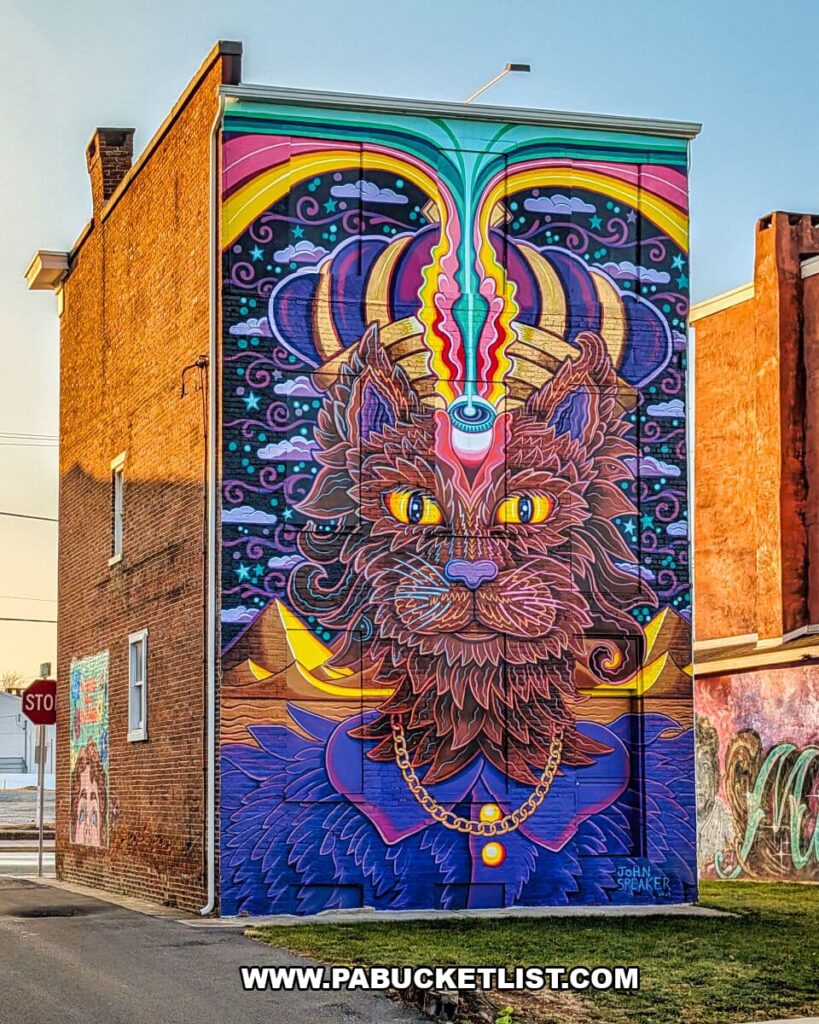 Tall, psychedelic-style mural in Royal Square Mural Park in downtown York, Pennsylvania, depicting a mystical cat with glowing eyes, ornate patterns, and vibrant rainbow energy rising from its forehead, painted across the entire side of a brick building.