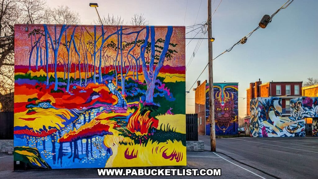 Wide view of Royal Square Mural Park in downtown York, Pennsylvania, featuring a vibrant forest landscape mural with bold, multicolored trees, a winding stream, and fiery accents, with additional large-scale murals visible on nearby buildings in the background.