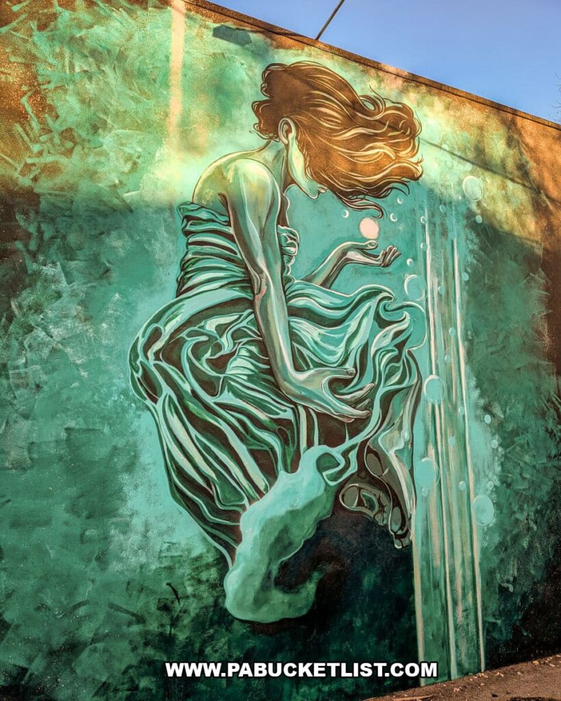 Dreamlike mural in Royal Square Mural Park in downtown York, Pennsylvania, portraying a flowing female figure with windswept hair and a swirling dress rendered in shades of teal and green, surrounded by soft bubbles and cascading, water-like textures on a brick wall.