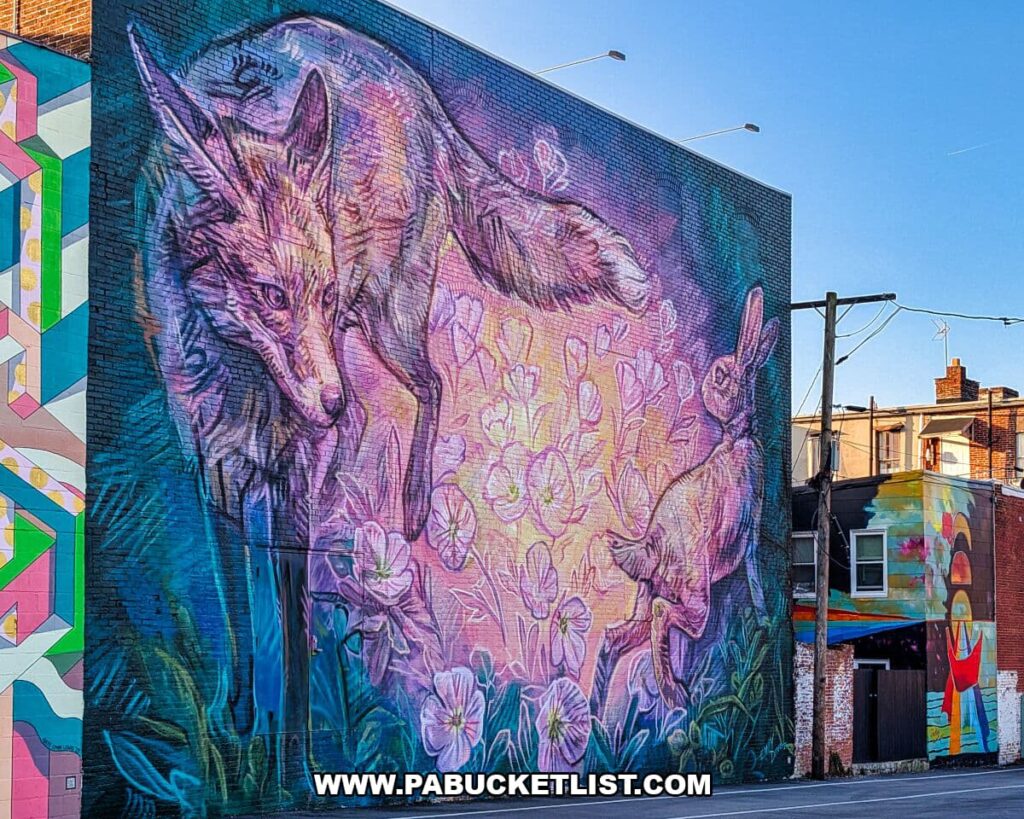 Large, softly colored mural in Royal Square Mural Park in downtown York, Pennsylvania, depicting a fox and a hare surrounded by delicate flowers and foliage, rendered in pastel purples, pinks, and blues across a brick building wall.