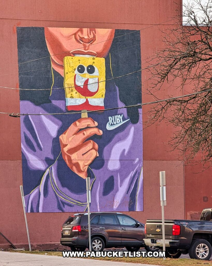 Whimsical mural in Royal Square Mural Park in downtown York, Pennsylvania, showing a stylized figure in a purple jacket holding a SpongeBob SquarePants ice cream bar, painted on a tall brick wall above a city street with parked cars below.