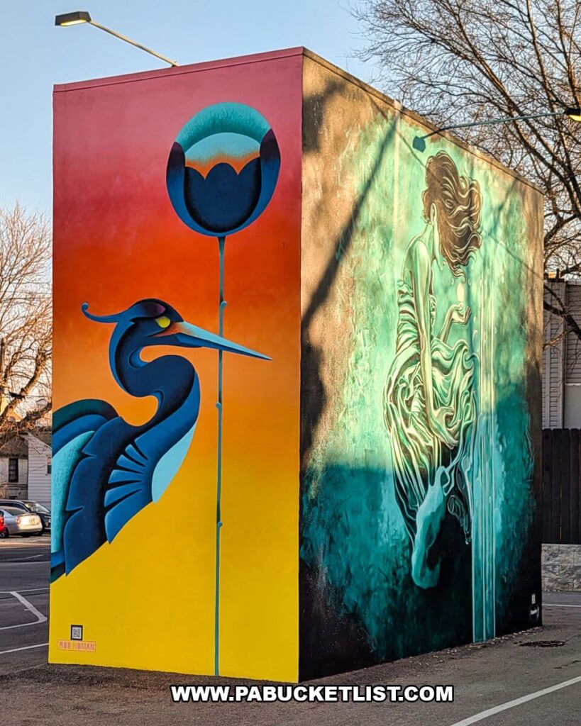 Corner view of murals in Royal Square Mural Park in downtown York, Pennsylvania, showing a stylized blue heron against a warm red-and-yellow gradient on one wall and a flowing, teal-toned female figure with cascading water imagery on the adjoining wall.