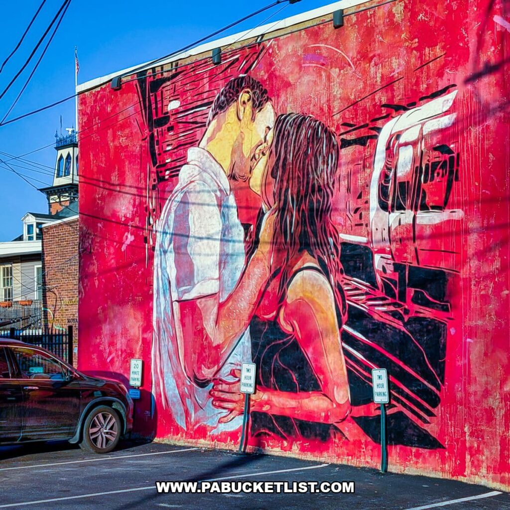 Large red-toned mural in Royal Square Mural Park in downtown York, Pennsylvania, depicting a couple sharing a kiss, with expressive brushstrokes and urban textures painted across a brick wall above a small parking area.