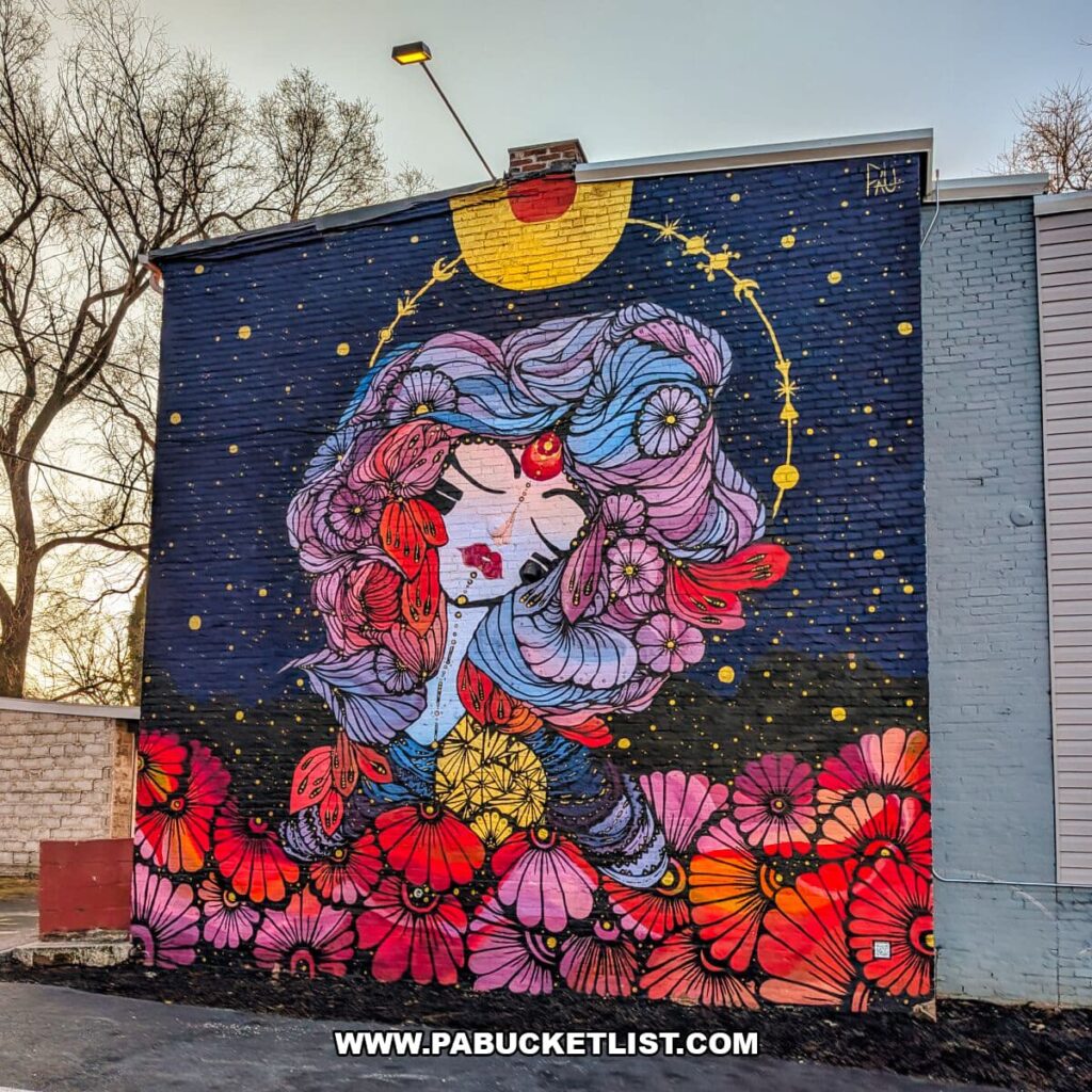 Colorful mural in Royal Square Mural Park in downtown York, Pennsylvania, featuring a stylized woman with flowing hair filled with flowers, surrounded by vibrant blossoms and celestial symbols against a deep blue, star-speckled background on a brick wall.