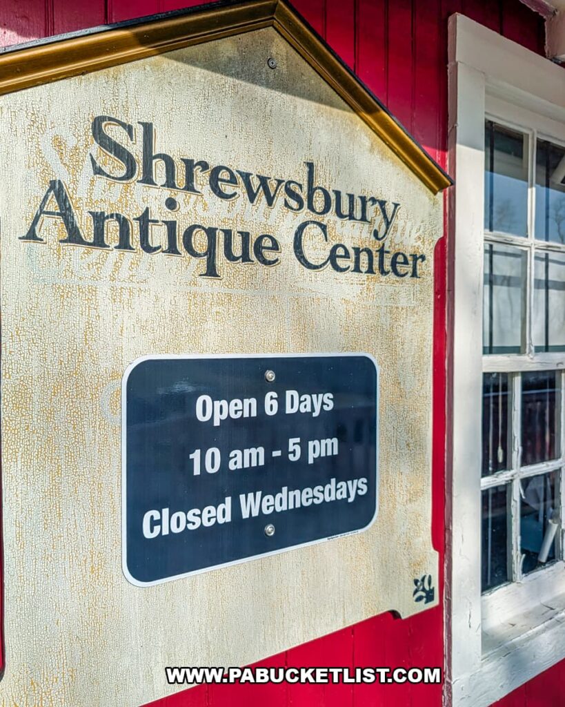 Close-up of the weathered Shrewsbury Antique Center sign mounted on a red exterior wall, displaying the shop name and posted hours beside a white-trimmed window in York County, Pennsylvania.