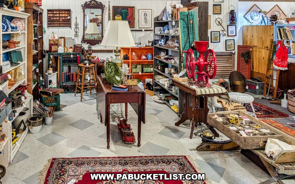 Vendor booth packed with furniture, books, framed artwork, lamps, rugs, tools, and colorful vintage collectibles arranged floor to ceiling inside Shrewsbury Antique Center in York County, Pennsylvania.