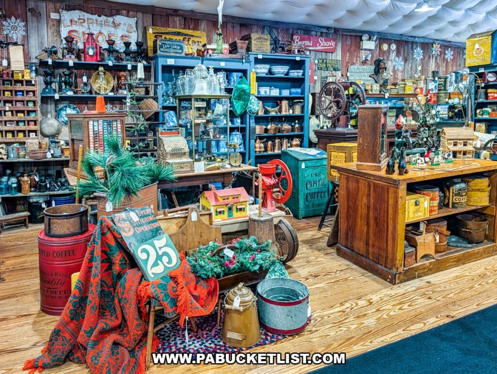 Vendor booth styled like an old-fashioned general store, filled with wooden shelves, vintage signs, glassware, tins, coffee grinders, and rustic antiques inside Shrewsbury Antique Center in York County, Pennsylvania.