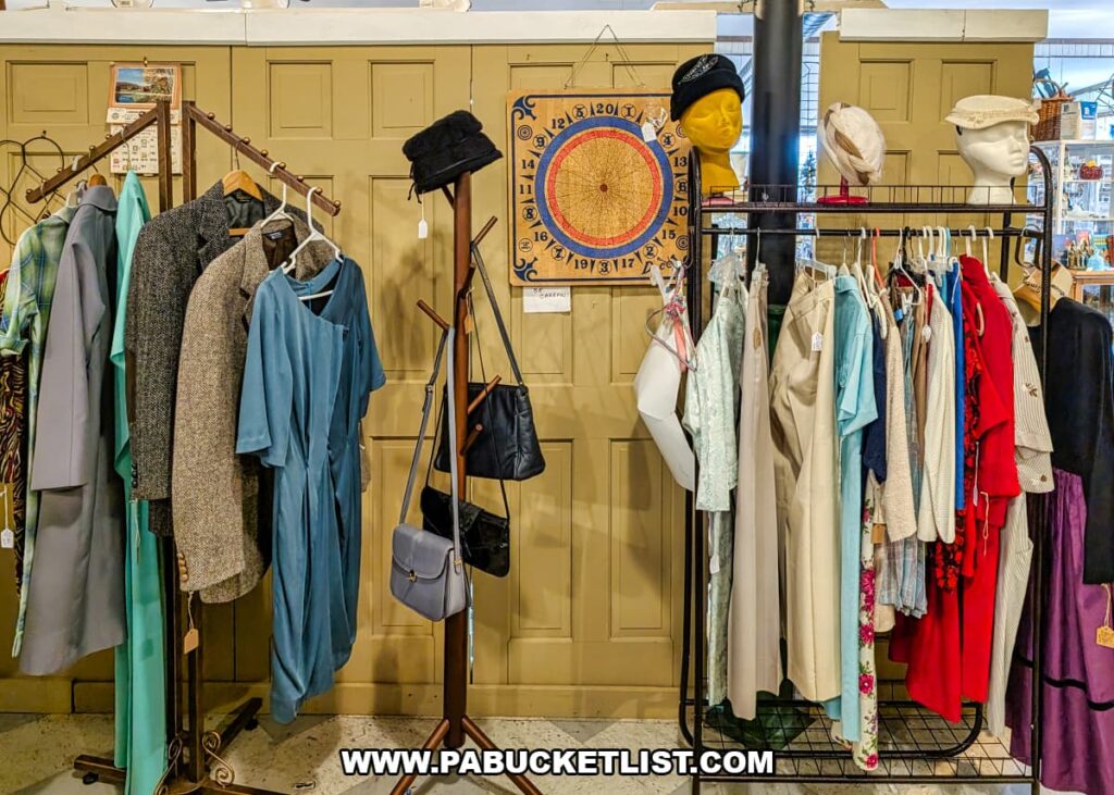 Rack display of vintage dresses, coats, hats, and handbags arranged by color inside a vendor booth at Shrewsbury Antique Center in York County, Pennsylvania.