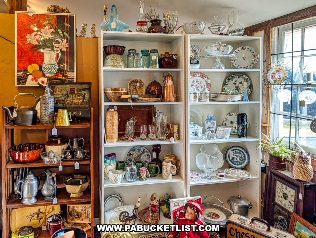 Shelving filled with vintage dishes, glassware, pitchers, jars, and decorative home accents displayed in a vendor booth at Shrewsbury Antique Center in York County, Pennsylvania.