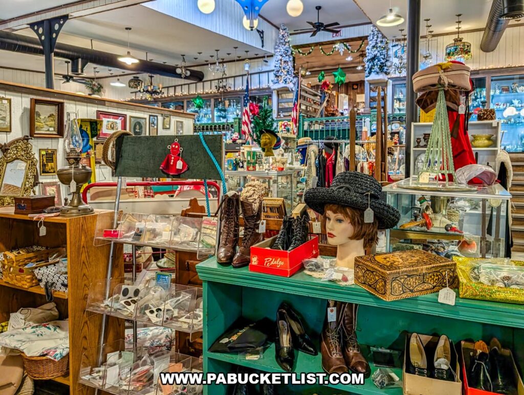 Interior view of a vendor booth featuring vintage hats, shoes, accessories, and display cases surrounded by additional antique booths inside Shrewsbury Antique Center in York County, Pennsylvania.