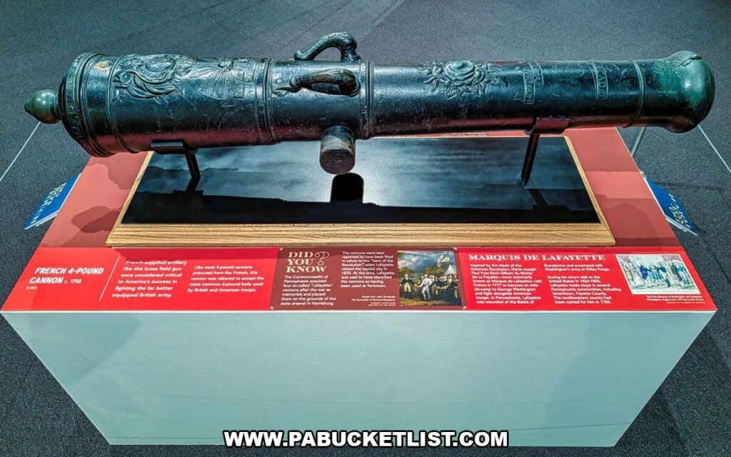 Decorative French four-pound cannon displayed at The State Museum of Pennsylvania in Harrisburg as part of a Revolutionary War exhibit, shown mounted on a pedestal with interpretive panels explaining its role in the American fight for independence and French support of the Continental Army