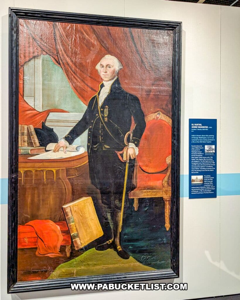 Large oil painting of George Washington on display at The State Museum of Pennsylvania in Harrisburg, depicting him standing beside a desk with documents, dressed in formal 18th-century attire, as part of a Revolutionary War–themed exhibit exploring Pennsylvania’s role in America’s founding