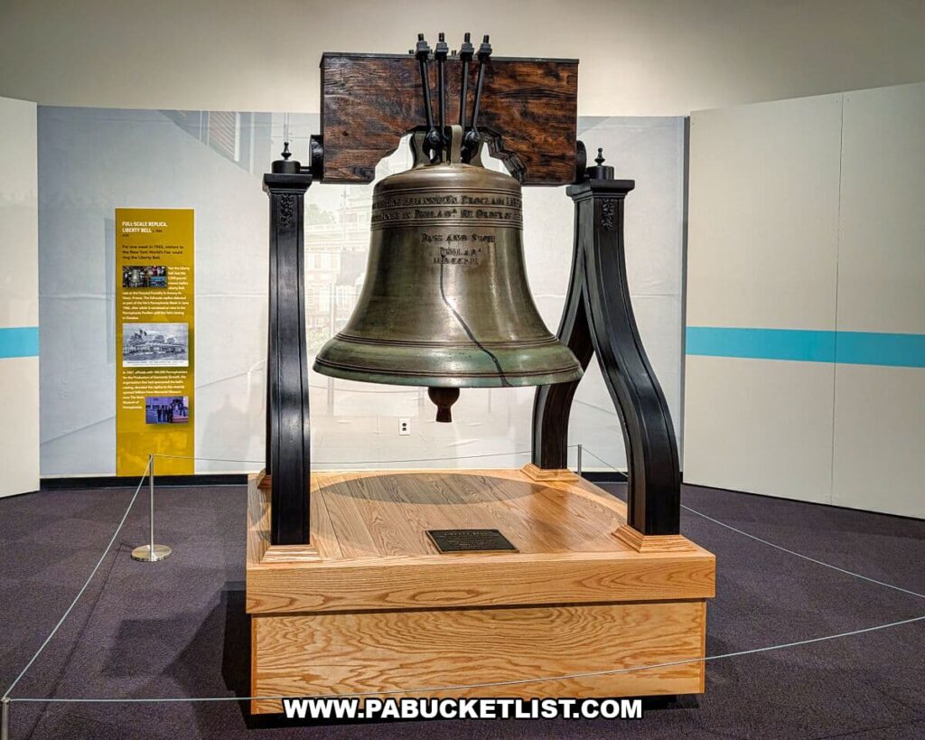 Full-size replica of the Liberty Bell displayed at The State Museum of Pennsylvania in Harrisburg, shown mounted on a wooden base with interpretive signage explaining its historical significance during the American Revolution and Pennsylvania’s role in the nation’s founding