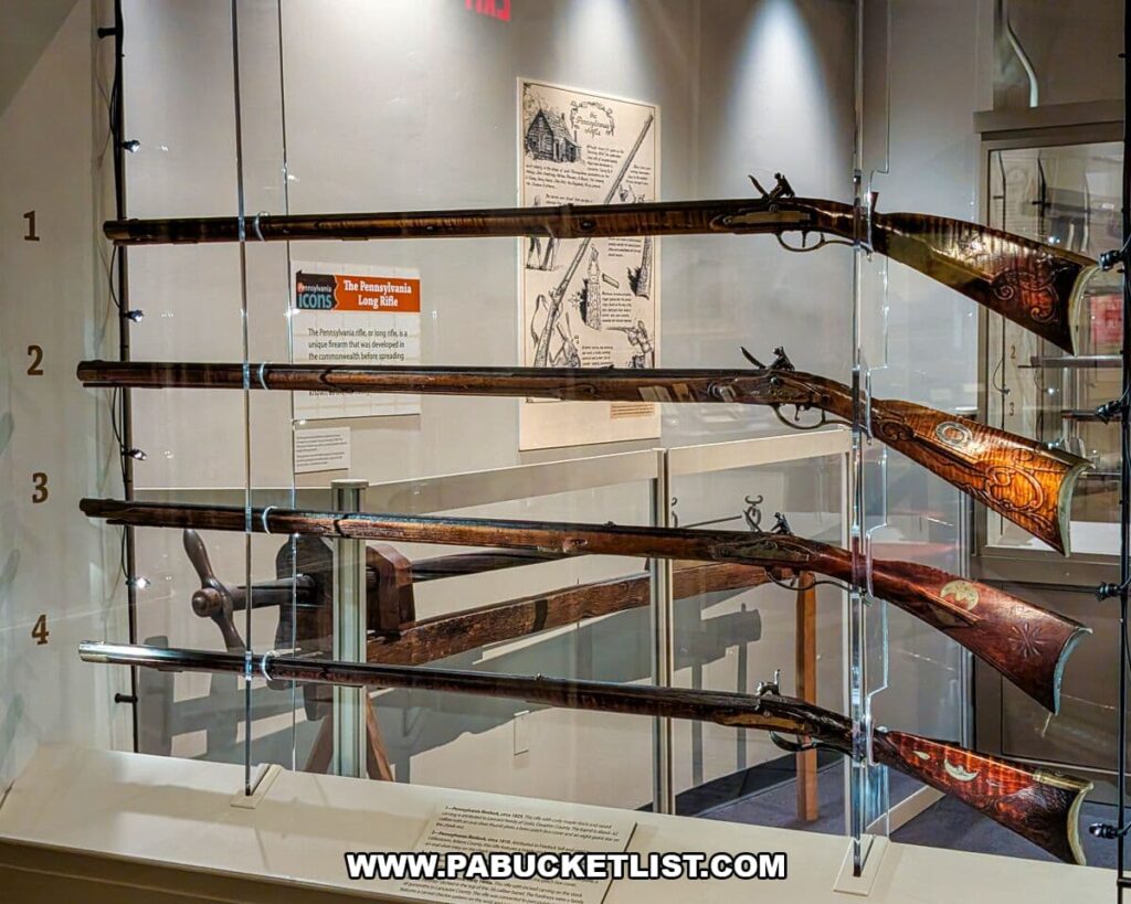 Display case at The State Museum of Pennsylvania in Harrisburg showcasing several Pennsylvania long rifles, with elaborately carved wooden stocks and flintlock mechanisms, illustrating the craftsmanship and importance of these firearms during the colonial and Revolutionary War era
