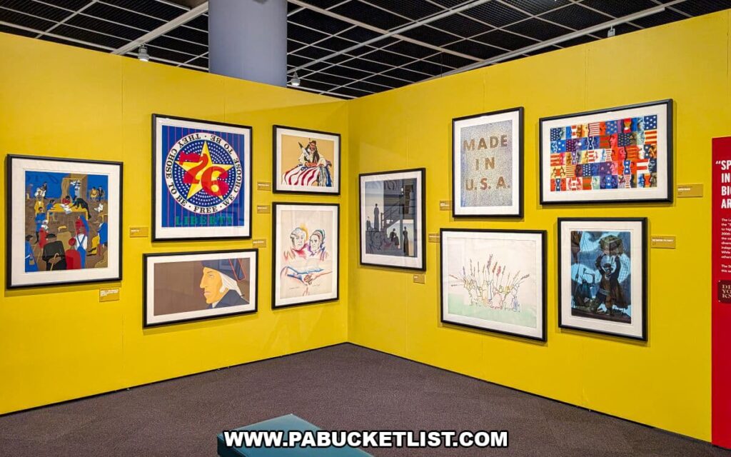 Gallery wall at The State Museum of Pennsylvania in Harrisburg featuring framed artworks from the Revolutionary Things exhibit, displayed against bright yellow walls and exploring how Americans have interpreted liberty, independence, and national identity over time