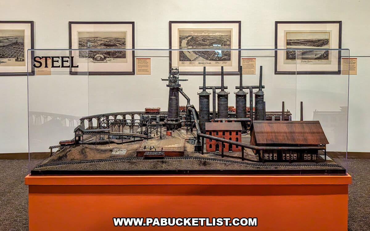 Scale model of a Pennsylvania steel mill displayed in a glass case at The State Museum of Pennsylvania in Harrisburg, featuring blast furnaces, smokestacks, rail lines, and industrial buildings that illustrate the state’s pivotal role in America’s steel and industrial history