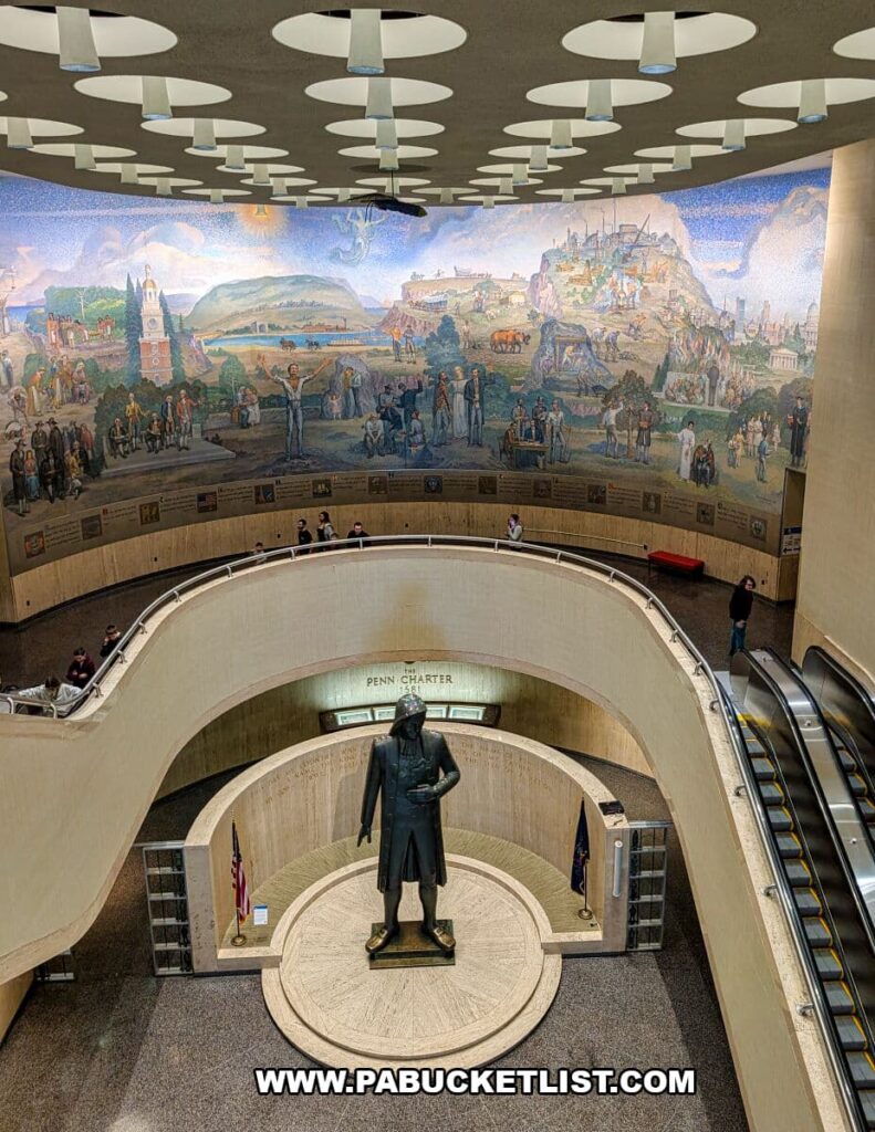 Interior view of The State Museum of Pennsylvania in Harrisburg showing the William Penn statue at the center of the rotunda, surrounded by curved balconies and a large panoramic mural depicting key scenes from Pennsylvania’s history above the main floor