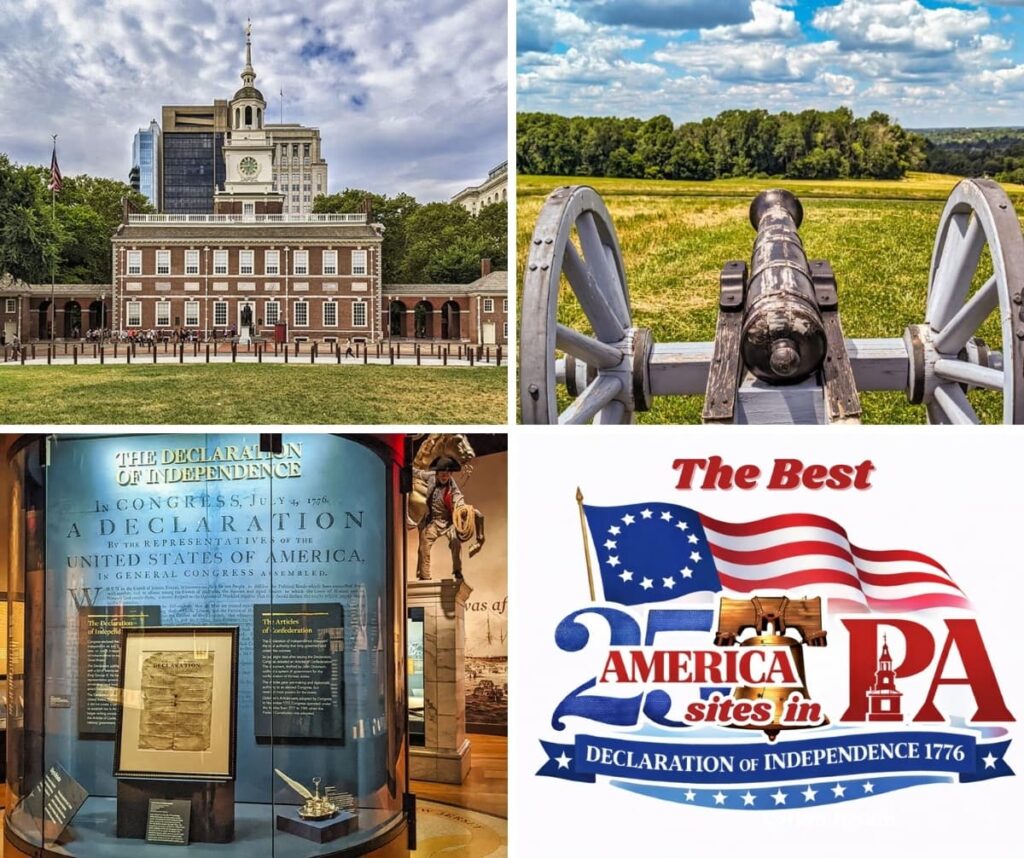 A collage featuring some of the best America 250 related sites in Pennsylvania, along with the official PA Bucket List America 250 logo.