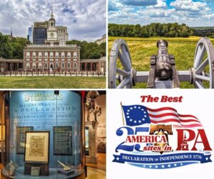 A collage featuring some of the best America 250 related sites in Pennsylvania, along with the official PA Bucket List America 250 logo.