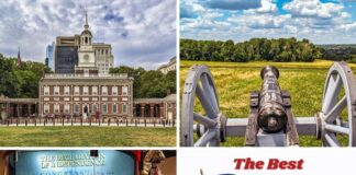 A collage featuring some of the best America 250 related sites in Pennsylvania, along with the official PA Bucket List America 250 logo.