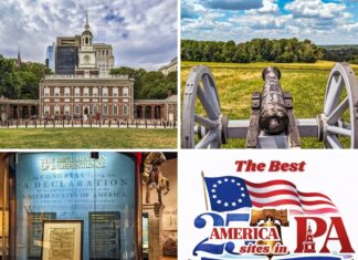 A collage featuring some of the best America 250 related sites in Pennsylvania, along with the official PA Bucket List America 250 logo.