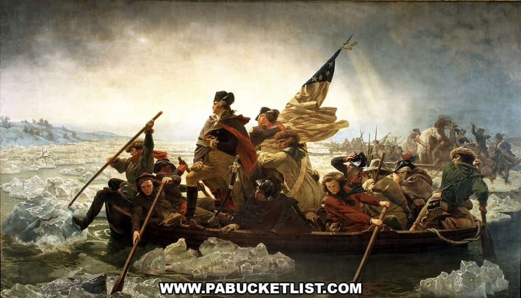 Historic painting of George Washington standing in a boat as Continental Army soldiers cross the icy Delaware River during the Revolutionary War, representing the daring campaign tied to Pennsylvania’s key America250 historic sites and the fight for independence.