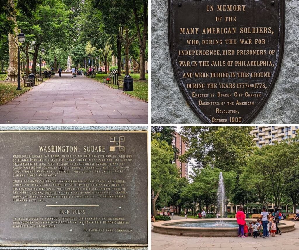 A collage of 4 images from Washington Square Park in Philadelphia, PA.