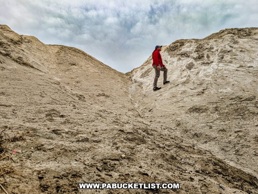 Hiker climbing the steep, chalky quarry slope at the White Cliffs of Conoy, surrounded by pale limestone mounds beneath an overcast sky in Lancaster County, Pennsylvania.