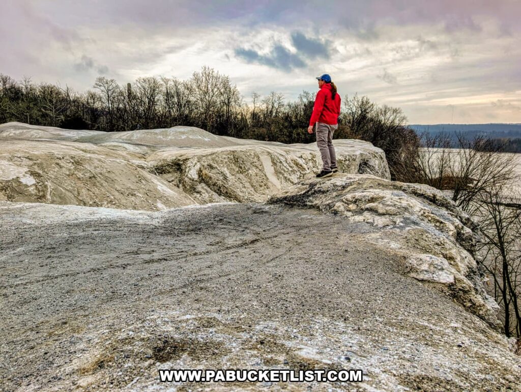 Visitor standing atop the chalky white quarry cliffs at the White Cliffs of Conoy, overlooking a deep ravine with leafless trees and the Susquehanna River visible in the distance in Lancaster County, Pennsylvania.