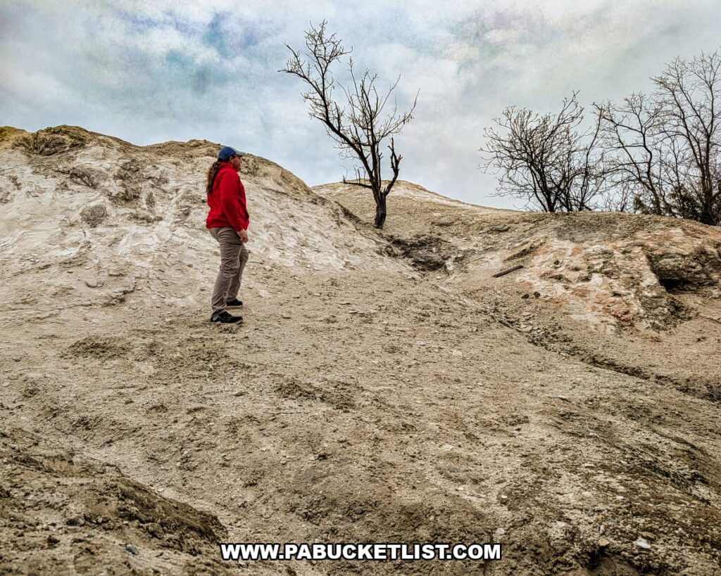 Visitor standing on the chalky limestone slopes of the White Cliffs of Conoy, with sparse leafless trees and rolling quarry mounds rising behind under a cloudy sky in Lancaster County, Pennsylvania.