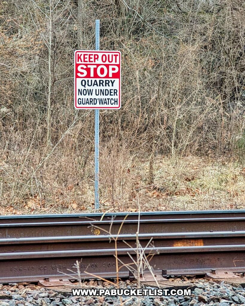 No trespassing sign reading “Keep Out Stop Quarry Now Under Guard Watch” posted beside active railroad tracks near the former quarry at the White Cliffs of Conoy in Lancaster County, Pennsylvania.