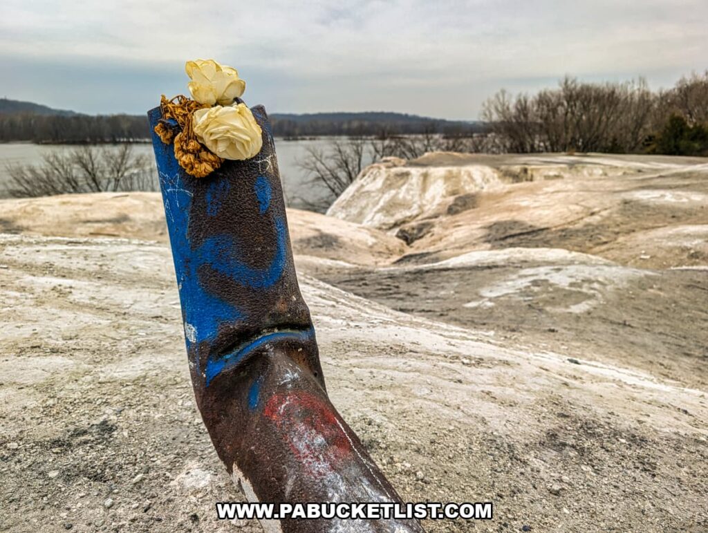 Rusted metal pipe embedded in the chalky quarry surface at the White Cliffs of Conoy, decorated with dried flowers and overlooking the Susquehanna River in Lancaster County, Pennsylvania.