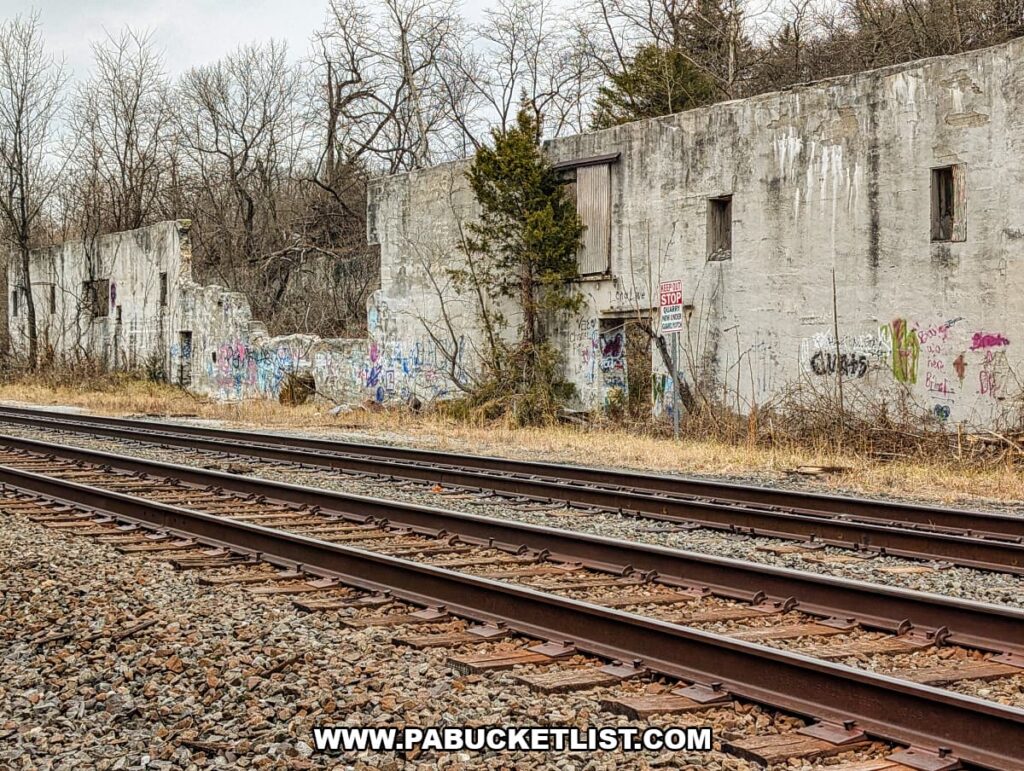 Ruins of a former limestone processing building covered in graffiti beside active railroad tracks near the White Cliffs of Conoy in Lancaster County, Pennsylvania.