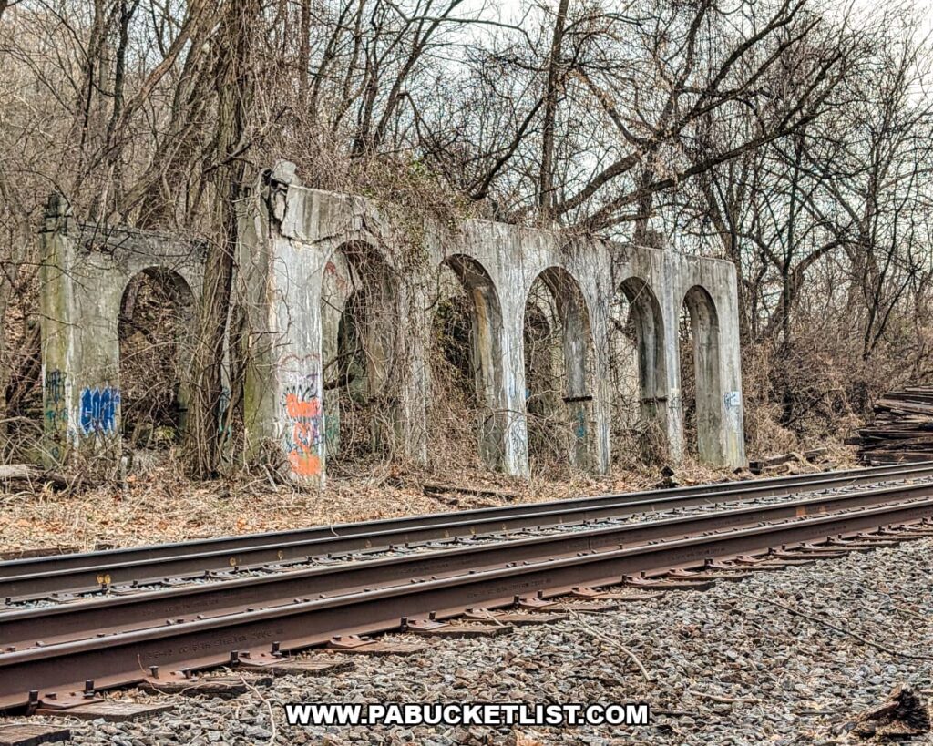 Arched concrete ruins of a former limestone quarry structure partially overtaken by trees and vines beside active railroad tracks near the White Cliffs of Conoy in Lancaster County, Pennsylvania.