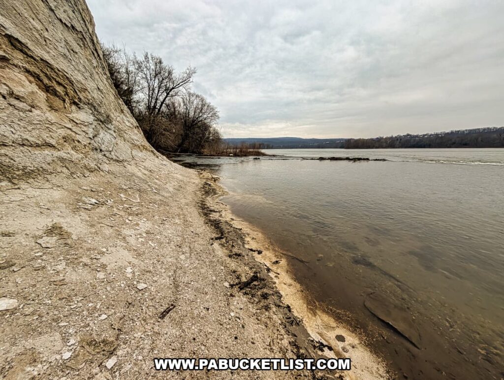 View from the base of the chalky quarry cliffs along the shoreline of the Susquehanna River at the White Cliffs of Conoy in Lancaster County, Pennsylvania.