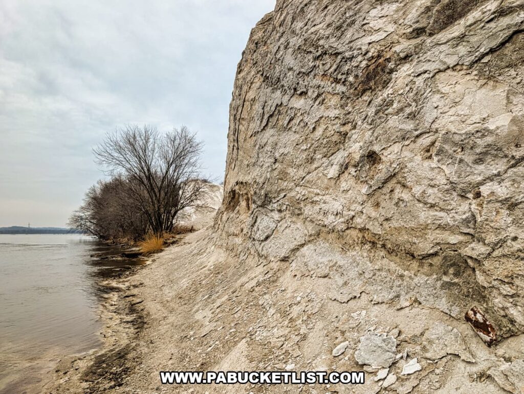 Steep chalky quarry wall rising directly from the Susquehanna River shoreline at the base of the White Cliffs of Conoy, with leafless trees lining the water’s edge in Lancaster County, Pennsylvania.