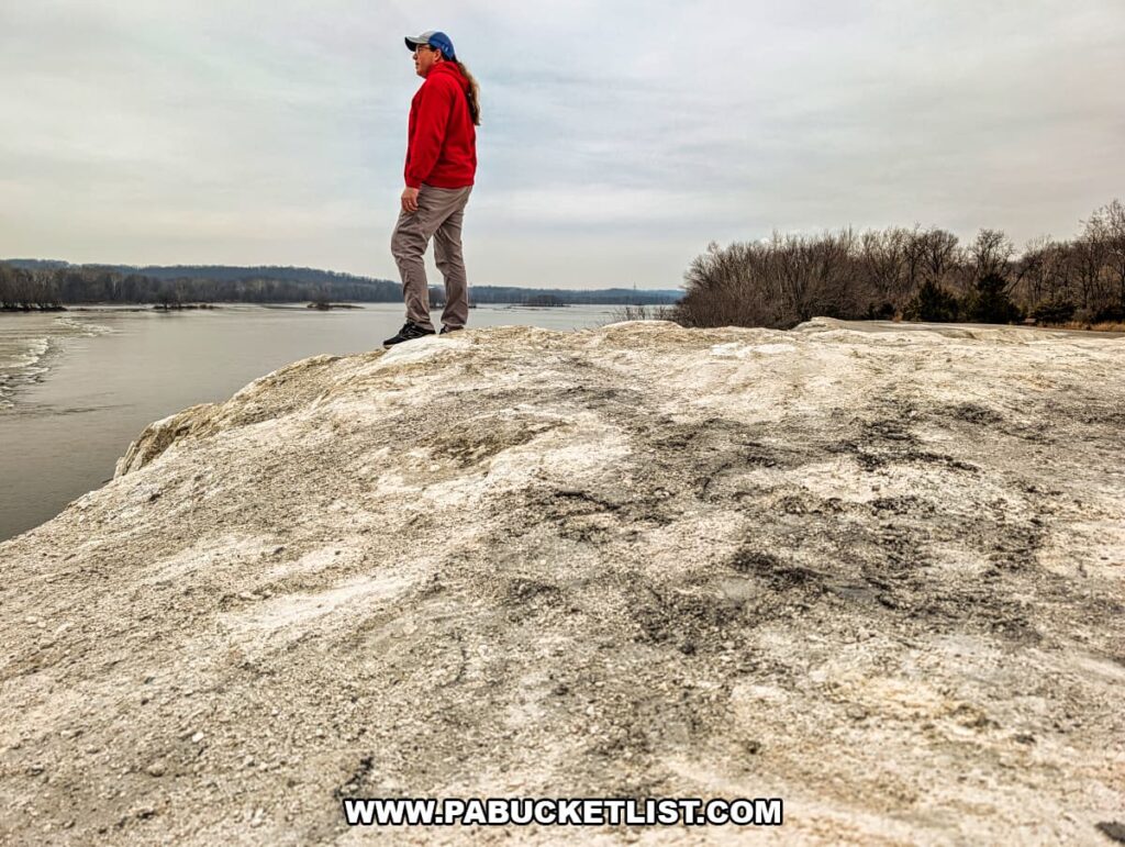 Visitor standing on the chalky quarry surface at the White Cliffs of Conoy, overlooking the Susquehanna River and wooded shoreline under an overcast sky in Lancaster County, Pennsylvania.