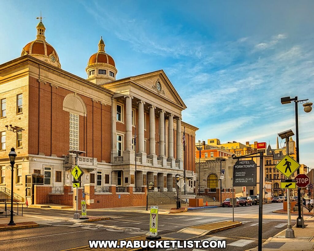 Historic courthouse building in York County, Pennsylvania with tall columns and twin domed towers, photographed at a downtown street corner with crosswalk signs, nearby hotels, and surrounding city buildings under a blue sky.