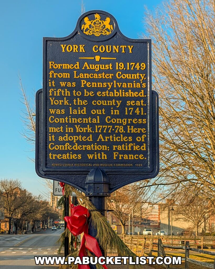 Pennsylvania historical marker in York County describing the countyโs founding in 1749 and Yorkโs role as a meeting place of the Continental Congress, decorated with a holiday wreath and ribbon along a city street.