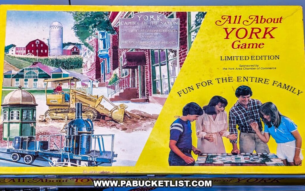 Vintage “All About York” limited edition board game box on display at the York County History Center, featuring colorful illustrations of York landmarks and a family playing the game, highlighting local history and culture through a nostalgic artifact.
