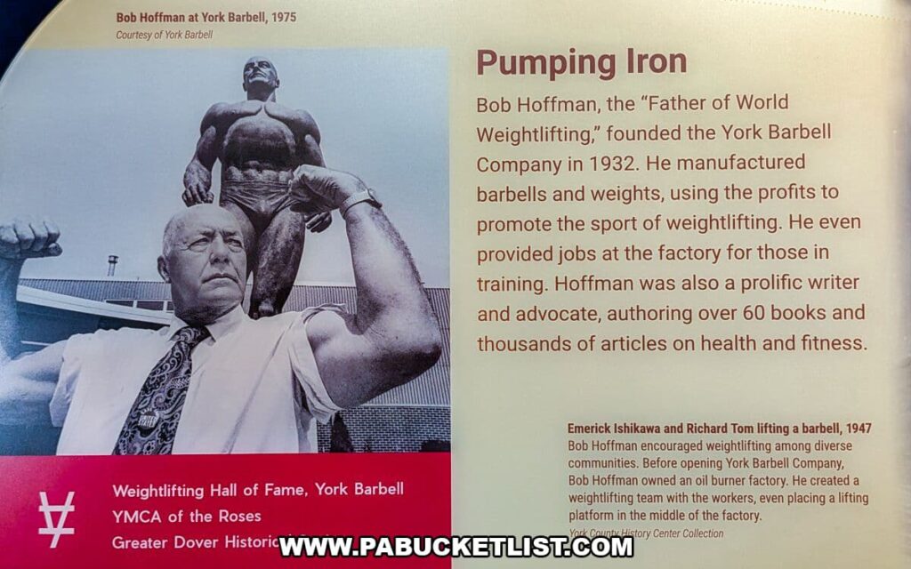 Exhibit panel at the York County History Center highlighting Bob Hoffman of York Barbell, featuring historic photographs and text explaining his role as the “Father of World Weightlifting” and York’s influence on the sport.